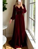 Dark Red Velvet Vneck Evening Dress with Lantern Long Sleeves