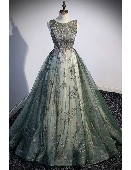 Green Tulle Sleeveless Prom Dress with Sparkly Sequins