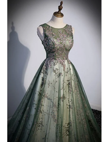 Green Tulle Sleeveless Prom Dress with Sparkly Sequins