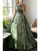 Green Tulle Sleeveless Prom Dress with Sparkly Sequins