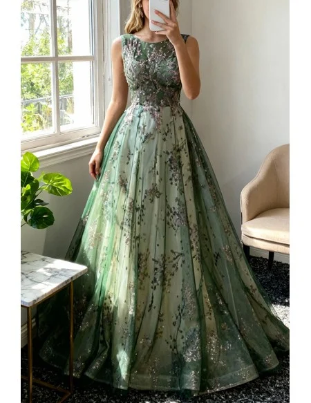 Green Tulle Sleeveless Prom Dress with Sparkly Sequins