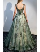 Green Tulle Sleeveless Prom Dress with Sparkly Sequins