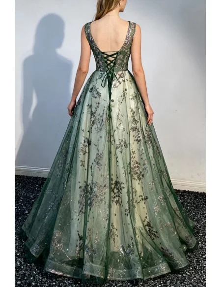 Green Tulle Sleeveless Prom Dress with Sparkly Sequins