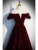 Fantasy Bling Burgundy Velvet Off Shoulder Prom Dress