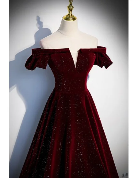 Fantasy Bling Burgundy Velvet Off Shoulder Prom Dress