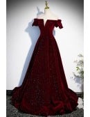 Fantasy Bling Burgundy Velvet Off Shoulder Prom Dress