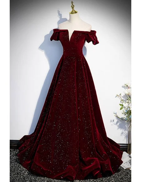 Fantasy Bling Burgundy Velvet Off Shoulder Prom Dress