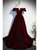 Fantasy Bling Burgundy Velvet Off Shoulder Prom Dress