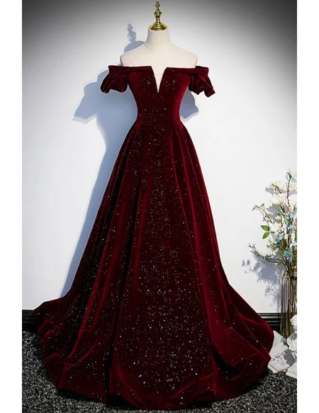 Fantasy Bling Burgundy Velvet Off Shoulder Prom Dress