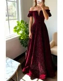 Fantasy Bling Burgundy Velvet Off Shoulder Prom Dress