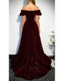 Fantasy Bling Burgundy Velvet Off Shoulder Prom Dress