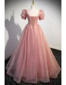 Bling Ballgown Pink Tulle Long Prom Dress with Short Sleeves