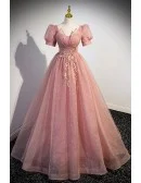 Bling Ballgown Pink Tulle Long Prom Dress with Short Sleeves