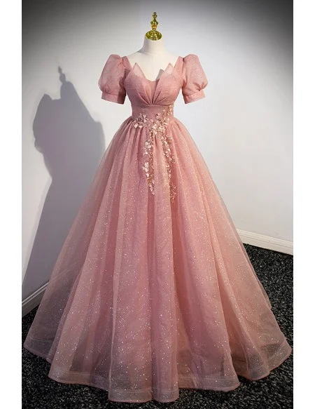 Bling Ballgown Pink Tulle Long Prom Dress with Short Sleeves