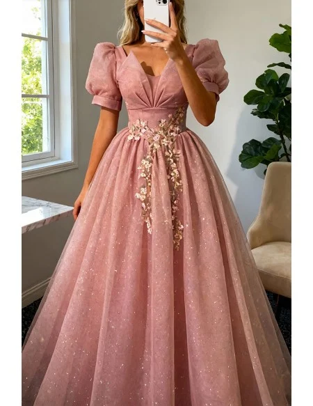 Bling Ballgown Pink Tulle Long Prom Dress with Short Sleeves