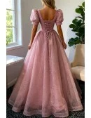 Bling Ballgown Pink Tulle Long Prom Dress with Short Sleeves