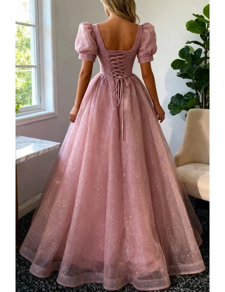 Bling Ballgown Pink Tulle Long Prom Dress with Short Sleeves