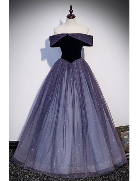 Mistery Purple Bling Tulle Ballgown Prom Dress Off Shoulder