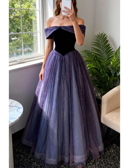 Mistery Purple Bling Tulle Ballgown Prom Dress Off Shoulder