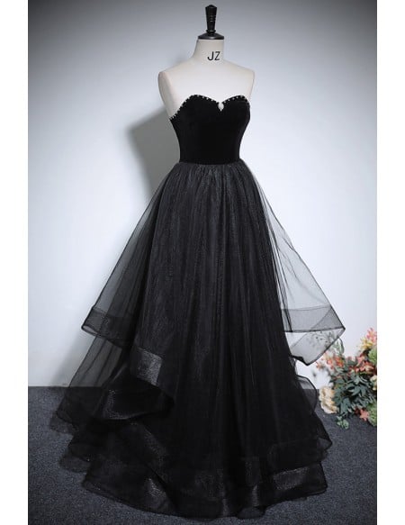 Unique Long Halter Black Ruffled Tulle Prom Dress