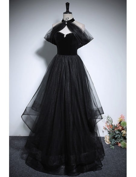 Unique Long Halter Black Ruffled Tulle Prom Dress