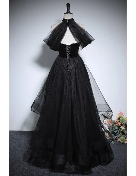 Unique Long Halter Black Ruffled Tulle Prom Dress