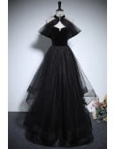 Unique Long Halter Black Ruffled Tulle Prom Dress