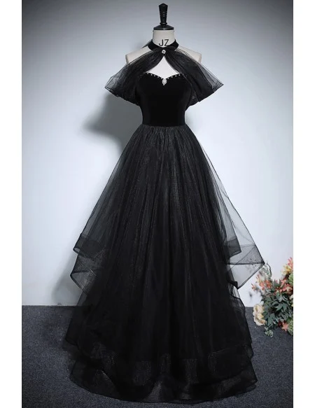 Unique Long Halter Black Ruffled Tulle Prom Dress