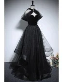 Unique Long Halter Black Ruffled Tulle Prom Dress
