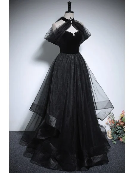 Unique Long Halter Black Ruffled Tulle Prom Dress