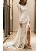 Elegant Ivory Lace Wedding Dress With Long Sleeves And High Slit Sweep Train