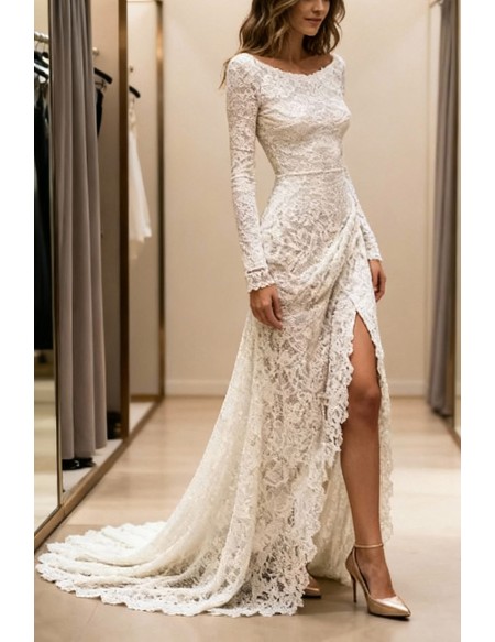 Elegant Ivory Lace Wedding Dress With Long Sleeves And High Slit Sweep Train