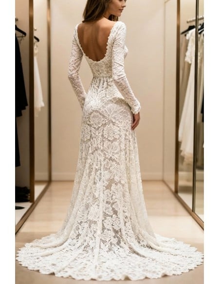 Elegant Ivory Lace Wedding Dress With Long Sleeves And High Slit Sweep Train