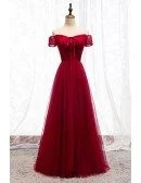 Formal Aline Burgundy Party Dress With Off Shoulder Sleeves