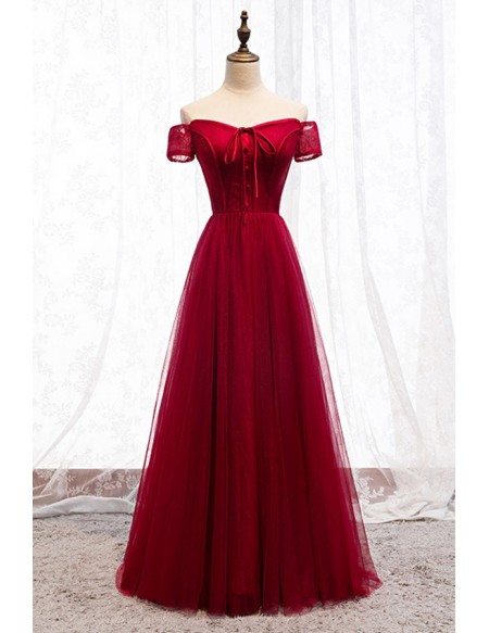 Formal Aline Burgundy Party Dress With Off Shoulder Sleeves