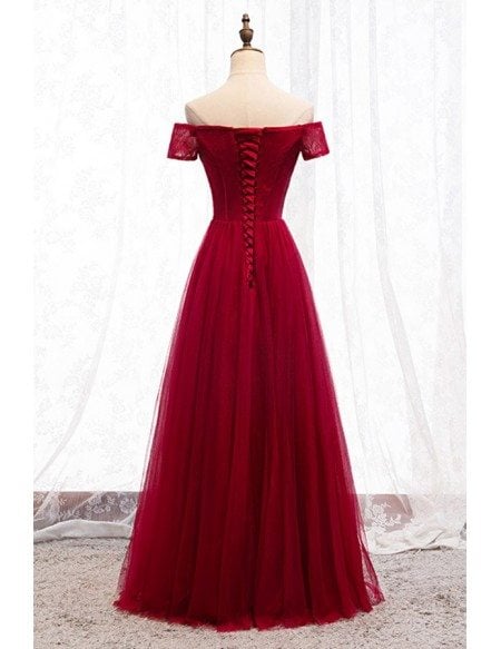 Formal Aline Burgundy Party Dress With Off Shoulder Sleeves