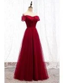 Formal Aline Burgundy Party Dress With Off Shoulder Sleeves