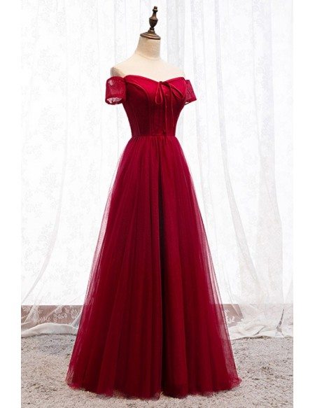Formal Aline Burgundy Party Dress With Off Shoulder Sleeves