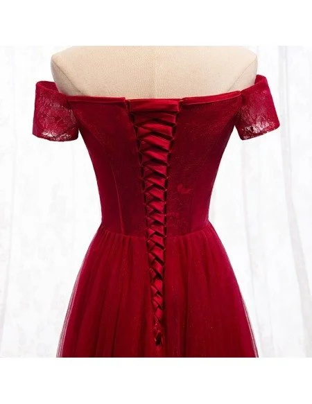 Formal Aline Burgundy Party Dress With Off Shoulder Sleeves
