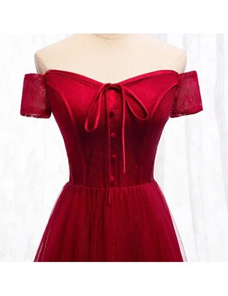 Formal Aline Burgundy Party Dress With Off Shoulder Sleeves