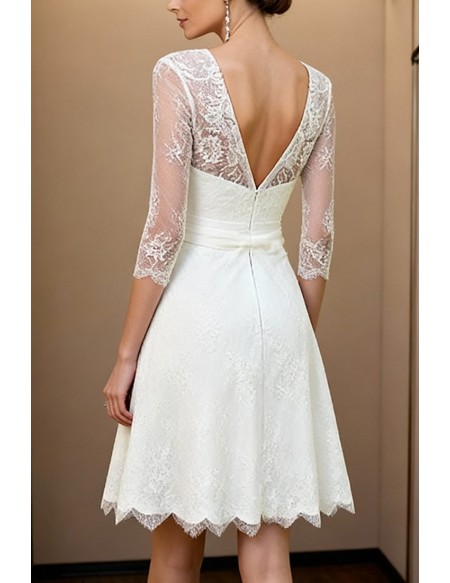 Short White Lace Wedding Dress With Long Sleeves Illusion Neckline