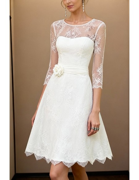 Short White Lace Wedding Dress With Long Sleeves Illusion Neckline