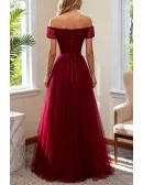 Formal Aline Burgundy Party Dress With Off Shoulder Sleeves