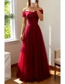 Formal Aline Burgundy Party Dress With Off Shoulder Sleeves