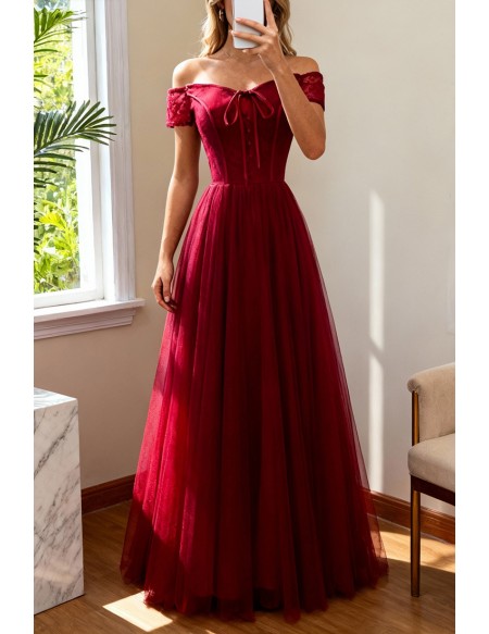 Formal Aline Burgundy Party Dress With Off Shoulder Sleeves