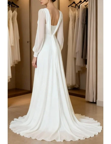 Flowy Chiffon Wedding Dress With Long Sleeves And Square Neckline