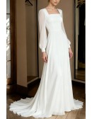 Flowy Chiffon Wedding Dress With Long Sleeves And Square Neckline