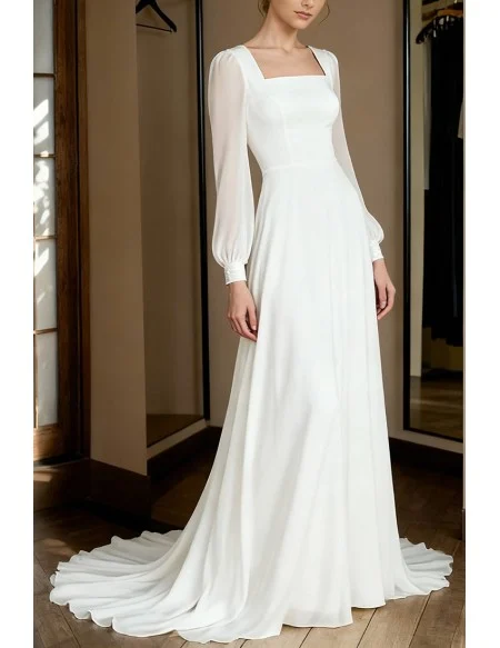 Flowy Chiffon Wedding Dress With Long Sleeves And Square Neckline