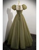 Green Tulle Long Modest Prom Dress with Removable Sleeves