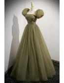 Green Tulle Long Modest Prom Dress with Removable Sleeves